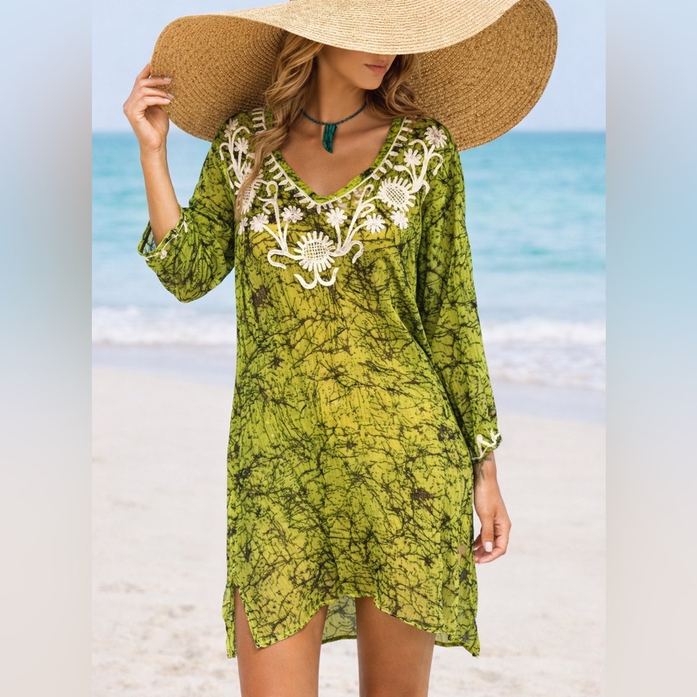 Aqua Blue Green Batik Embroidered Tunic Dress